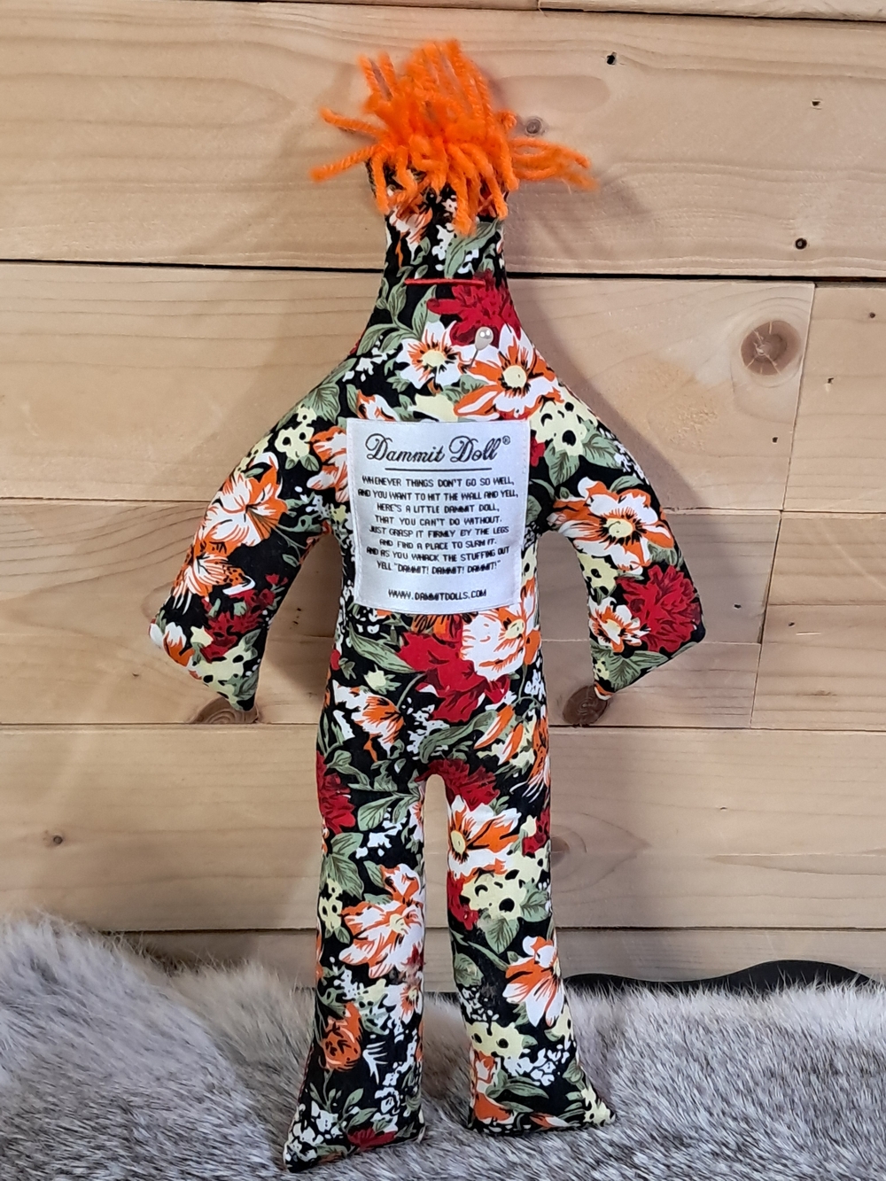Dammit Doll Floral Stress Relief Doll with Orange Yarn Hair